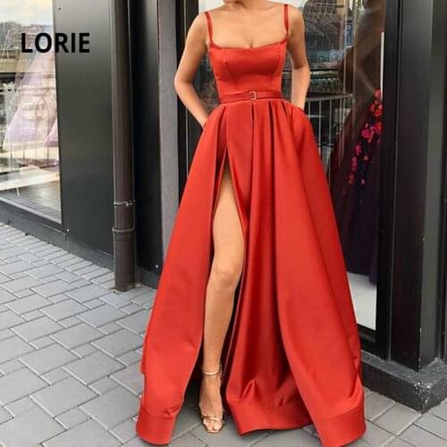 LORIE Formal Evening Party Dress with High Slit Satin Spaghetti Straps Evening Gown robe de soiree Prom Party Dress