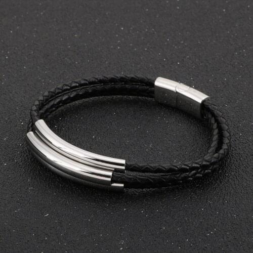 HaoYi Mens Stainless Steel Leather Bracelet Steel/Gold Color Trend Punk Three-Strand Braided Jewelry