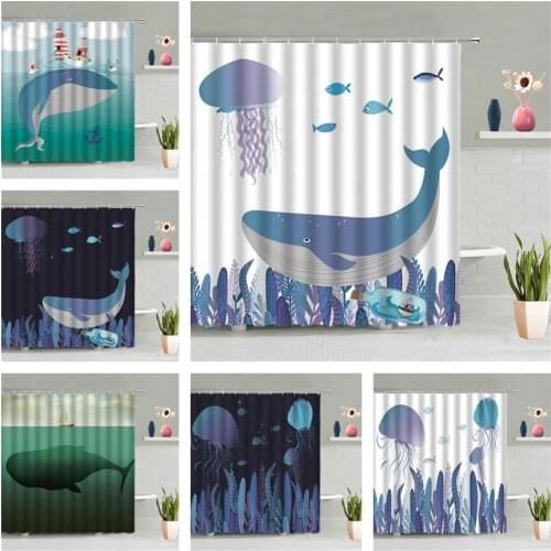 Cartoon Blue Whale Shower Curtain Ocean Animal Jellyfish Children Bathroom Waterproof Wall Hanging Curtains Screen Home Decor