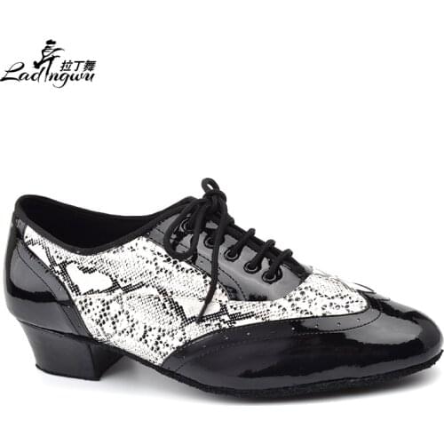 Ladingwu Mens Social Shoes Black and Snake texture PU Shoes For Ballroom Dancing Soft Bottom Latin zapato baile