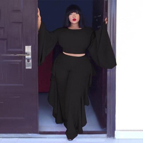 RMSFE 2021 Fall Clothes for Women Large Round Neck Fashion Solid Color Loose Fungus Side Pants Long Sleeve Two Piece Set