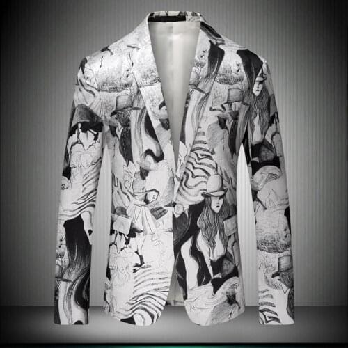 Japan 2020 New Arrival Style Mens Blazer Character Pattern Suit Jacket Slim Fit Male Blazers Men Coat Autumn Outerwear 8662