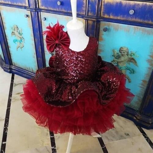Real Cute Infant Girls Dresses Shiny Sequined Top Tulle Big Bow Kids Clothes First Birthday Special Occasion