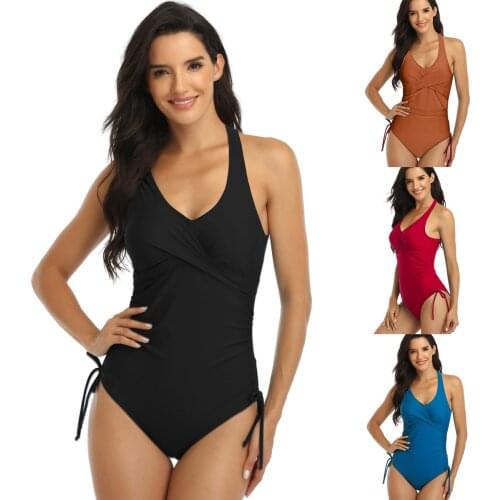 Plus Size One-Piece Swimsuit 2021 Large Swimwear Women Backless One Piece Monokini Vintage Bathing Suit Female Black Wine Red