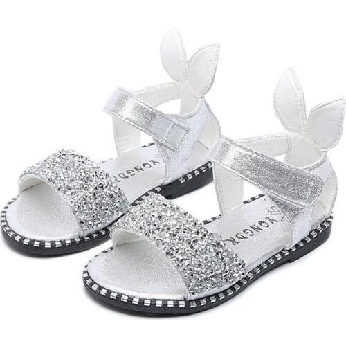 Children Sandals For Toddlers Girl Big Girls Kids Beach Shoes Cute Sweet Princess Rhinestone With Rabbit Ear Soft Fashion 21-36
