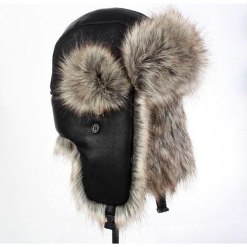 B-8540 Mens Adjustable Ear Protective Fur Hat Adult Warm Fur Bomber Hats Windproof Russian Ushanka Hat Ski Caps