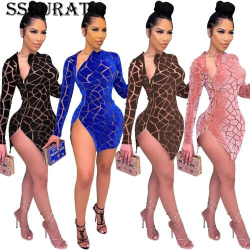 SSEURAT Women Sexy Flocking Velvet Zipper Mini Dress Fashion Long Sleeve High Split Bodycon Nightclub Party Outfits Vestidos
