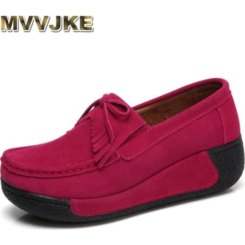 MVVJKEWomen Genuine Leather Flats shoes Platform Loafers Woman Creepers Lace Up Driving Thick-bottomed fringe tie Female Casual