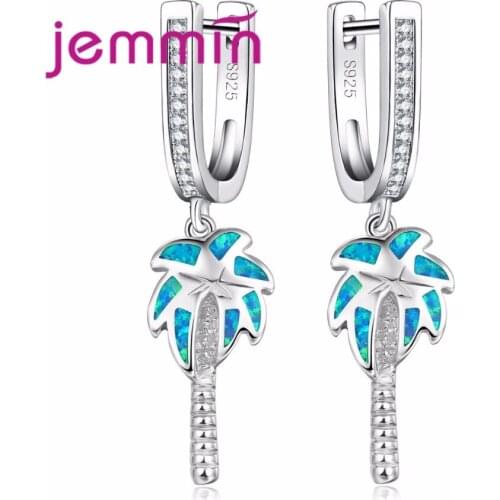 New Arrival Coconut Tree Pendant Earrings Blue Fire Opal Jewelry 925 Sterling Silver Earrings for Women Party