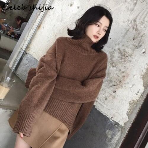 SHIJIA Turtleneck Brown Sweater Woman Thicken Long-sleeve Knitted Jumper Female Autumn Winter Korean Loose Sweater Pullovers