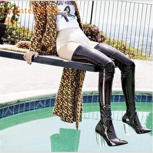 2019 Sexy Clear Chunky High heels Over The Knee Boots Women Patent Leather Blue back Stretch sock Thigh High Boots for women