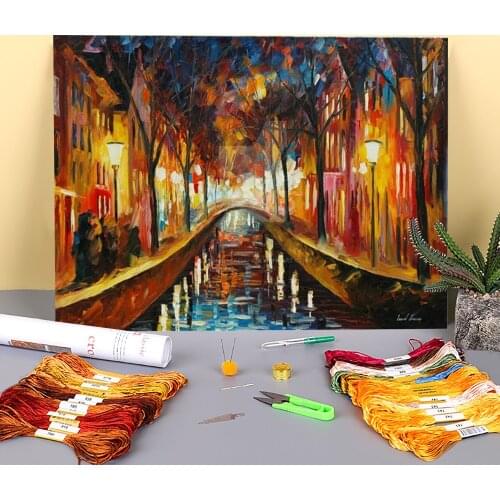 Amsterdam Evening Printed Water-Soluble Canvas 11CT Cross Stitch Patterns DIY Embroidery DMC Threads Craft Painting Needle
