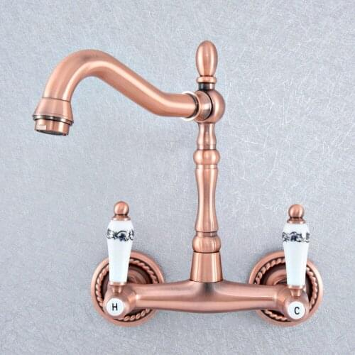 Antique Red Copper Wall Mounted Swivel Spout Bathroom Sink Faucet Double Handle Mixer Tap Wall Mounted Nsf874