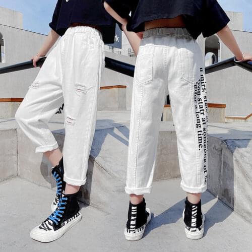 Teen Girls White Denim Pants 2021 Spring New Fashion Cotton Letter Print With Ripped Korean Style Jeans Children Clothes 4-14Yrs
