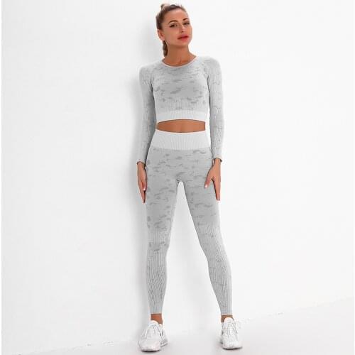 Seamless Yoga Set Women Knitted Jacquard Long Sleeve Top High Waist Fitness Leggings Gym Tracksuits Camouflage Sport Suit