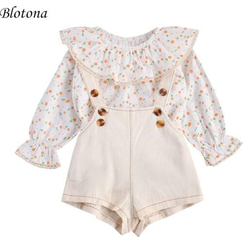 Blotona 2Pcs Newborn Casual Outfits Baby Girl Long Sleeve Ruffle Collar Plaid Pullover Blouse+Short Denim Suspender Pants 0-24M
