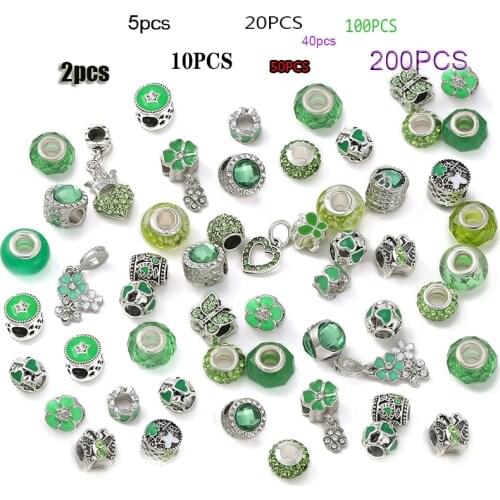 200Style High Quality Silver Plated Green Beads Charms Fit Original Brand Jewelry For Women DIY Jewelry Making Mixed Delivery