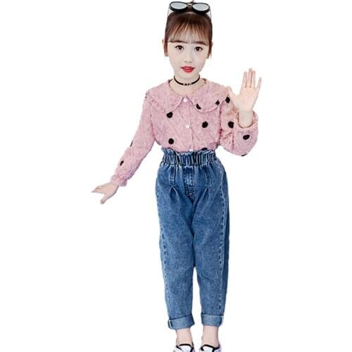 Kids Clothes Girls Dot Blouse + Denim Jeans Girl Clothes Teenage Clothes For Girls Spring Autumn Kid Clothes