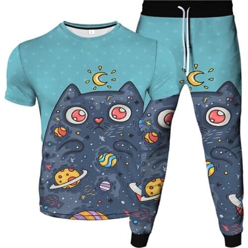 Male Female T-Shirt+Trousers 2Pcs Sets Funny Cartoon Animal Harajuku Galaxy Spoof Cat 3D Print Tracksuit Clothes Plus Size S-6XL