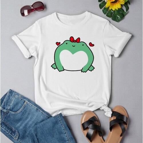 Frog Faucet With Leading Bow Cute Graphic T Shirt Harajuku Casual Animal Aesthetic Short Sleeve Summer Tops Tee Women Tshirt