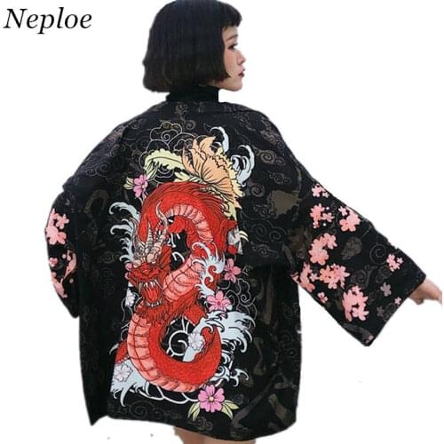 Neploe Japanese Women Cardigan Half Sleeve V-neck Kimono Blouse Vintage Dragon Print Tops Coat Loose Sun-protective Shirts 35349