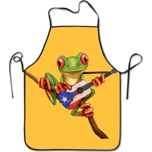 Carton Apron Frog Playing Puerto Rico Flag Guitar Adjustable Bib Apron - Washable Unisex Cooking Kitchen Aprons for Chef BBQ