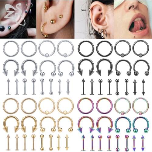 ZS 16pcs/lot 5 Colors Stainless Steel Nose Ring Set Lip Labret Tongue Piercings Lot 16g Eyebrow Helix Piercing Jewelry 6/8/10MM