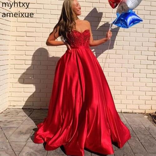 2020 New Arrival A-line Event Prom Dress Sweetheart Neckline Beading Formal Party Dresses Red Satin Gowns Sweep Train Plus Size