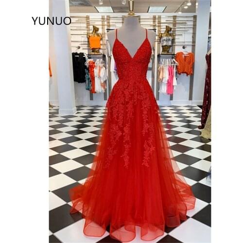 YUNUO Elegant Spaghetti Straps A-Line Prom Dresses Red Appliqued Long Formal Evening Party Dress suknie wieczorowe for Women