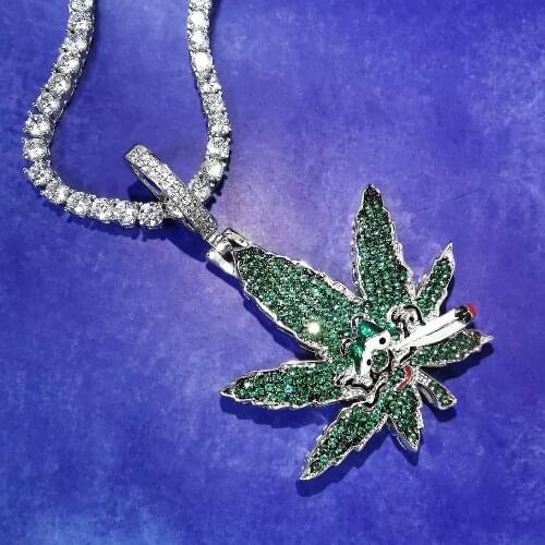 Iced Out Green Leaves Pendant With Tennis Chain Bling Cubic Zircon Necklace Hip Hop Jewelry For Men Women
