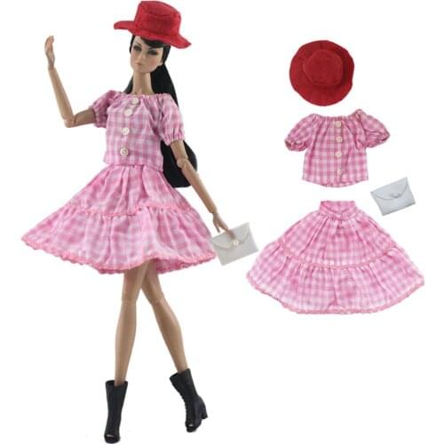 1/6 Pink Plaid Short Puff Sleeve Shirt Tops Skirt Outfits for Barbie Doll Clothes Dress Clothing Bag Hat 11.5" Dolls Accessories