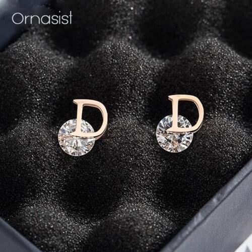 Luxury AAA Zircon Titanium Steel Stud Earring Rose Gold Piercing Letter D Earrings For Womens Ear Jewelry