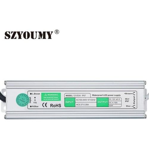 SZYOUMY Waterproof IP67 Led Driver Transformer 12V 50w Led Power Supply AC100-240V TO DC 12v