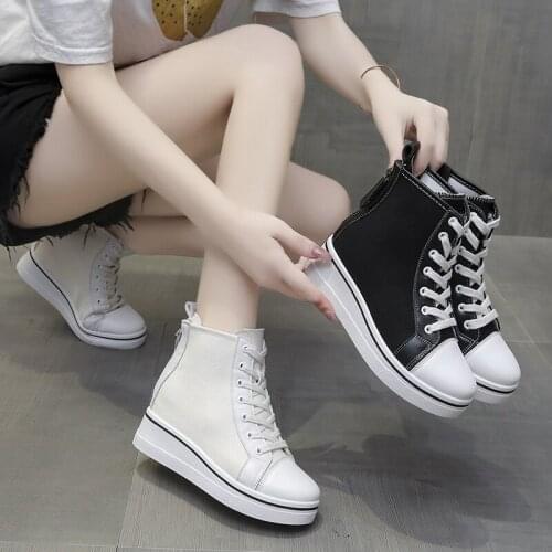 COOTELILI Platform Shoes Woman Pumps Round Toe Canvas Shoe Black Basic 6.5cm Heels Lace Up Zip Women Shoes Basic Size 35-40