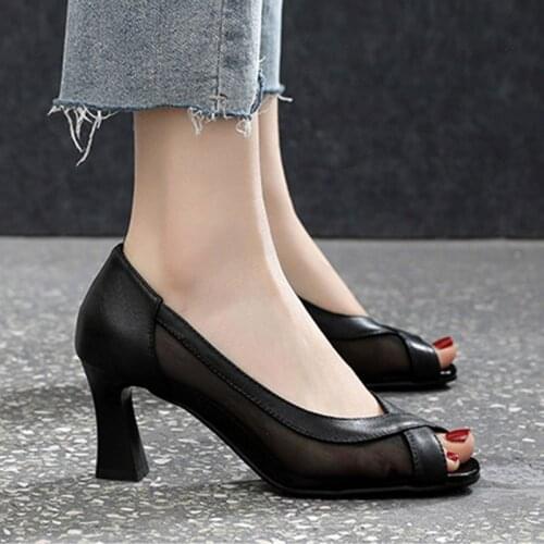 Summer Women Open Toe Pumps Mesh High Heels Dress Shoes Black Sexy Heels Sandals Woman Boat Shoes Sandalias mujer Autumn 9276N