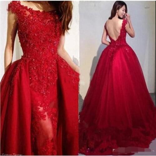 Wine Red Beading Appliques Tulle Over skirt Evening Dresses 2019 Modest Scoop Neck Lace Backless Prom Formal evening Dress