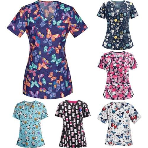 Women Short Sleeve V-neck Tops Working Uniform Butterfly Cartoon Print Blouse Nurse Scrubs Uniforms Shirt медицинская одежда q5