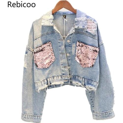 Hole Jean Jacket Women Spring Short Sequin Denim Jacket Splice Autumn Female Jacket spring jackets for women Female