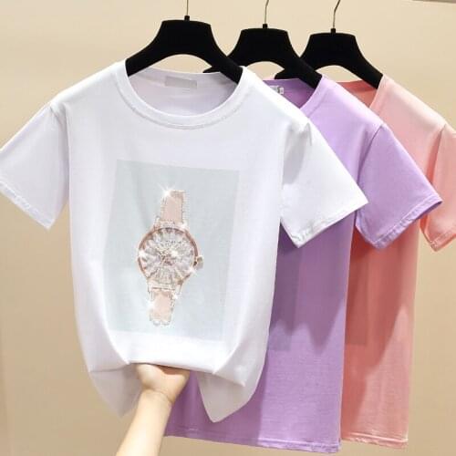 Gkfnmt Cotton Tshirt Women Tops Beading Short Sleeve Female T-shirt Casual Tee Shirt Femme Summe Top Pink Purple White