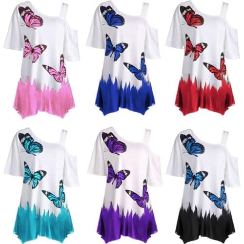 Womens Clothing 2021 Summer Express Wish Foreign Trade Popular Digital Printing Butterfly One Shoulder Long T-Shirt