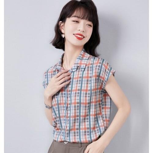 Ladies Blouse Chiffon Top Plaid Striped Tops Women Summer Vintage Short Sleeve Shirt Blusas Mujer De Moda 2021 Verano