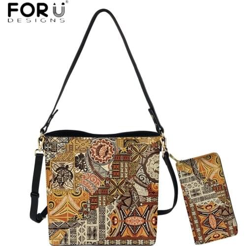 FORUDESIGNS Women PU Leather Shoulder Bags Polynesian Tribal Fabric Patchwork Special Style Print Ladies Casual Bucket Purse Set