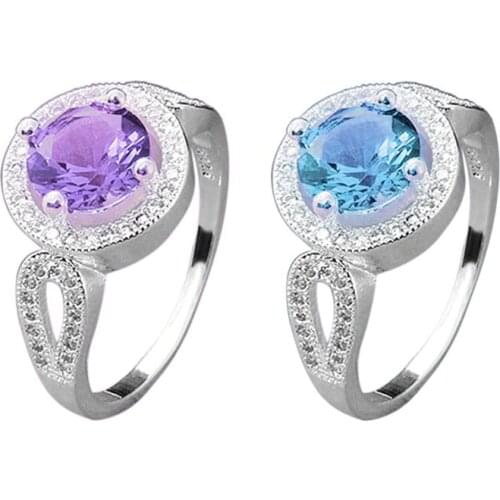 2018 Women Big Round Rhinestone Rings Silver Plated Shiny Purple Blue Rhinestone Rings Engagement Wedding Ring for Lady