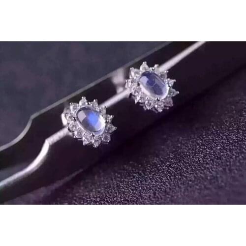 Natural moonstone stud earrings 925 silver natural blue gemstone earrings women Classic elegant fashion round Earrings for party
