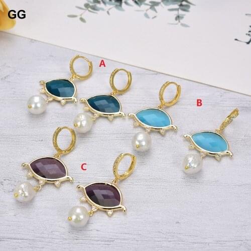 JK Natural Stone Blue Brown Faceted Oval Cats Eye Natural Rice Pearl Dangle CZ Hook Earrings women Fashion Jewelry