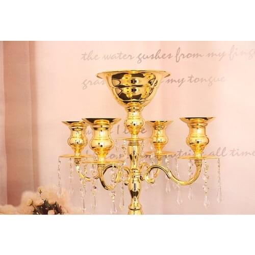 Gold!H75cm * W48cm, gold 5 Heads Crystal Candelabra, Candle Holder, wedding Centerpiece, flower bowl Candle holder with pendants