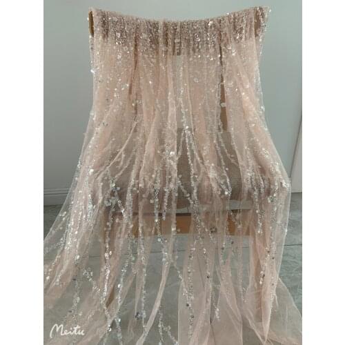 1 yard Light Peach Pink Beading And Sequined Mesh Fabric For Wedding Gown