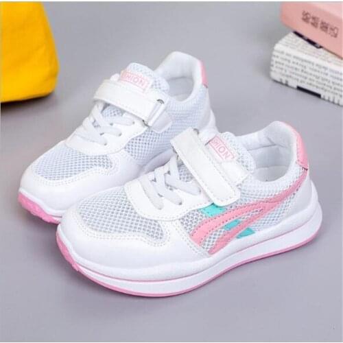 2021 summer new Velcro childrens shoes girls net running shoes flat soled shoes leisure students small white shoes