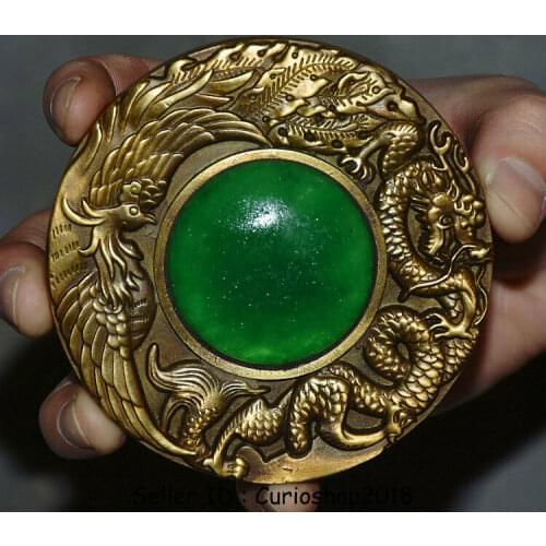 3" Old China Dynasty Copper Inlay Green Jade Gem Dragon Phoenix Lucky Pendant