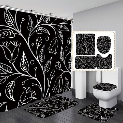 Black White Leaf Pattern Shower Curtain Fashion With Non Slip Rug Mat Waterproof Polyester Home Decor 180x180cm Bathroom Curtain